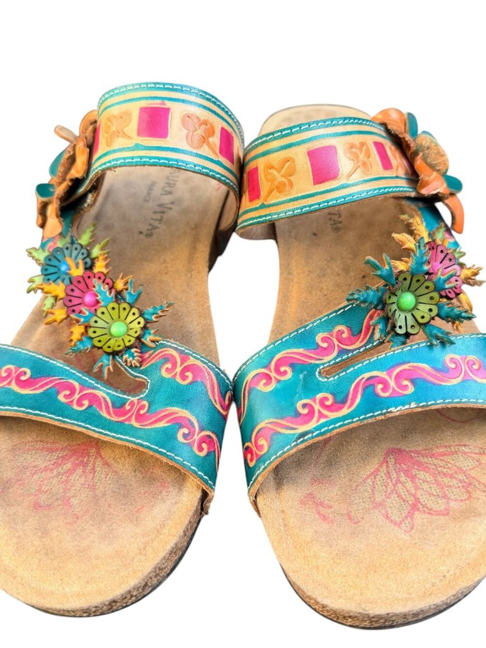 Laura Vita France Sandals Leather Sz 41 Hand-Painted Flower Slide "Bingo" Boho